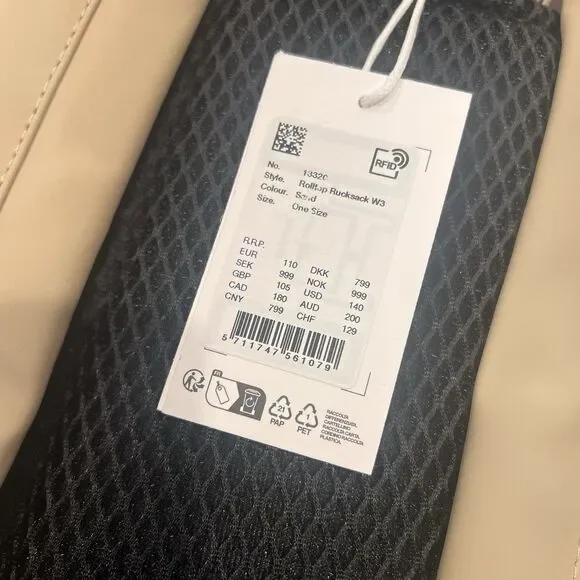 RAINS Rolltop Rucksack W3  Beige Sand Waterproof Backpack Laptop - Picture 6 of 11